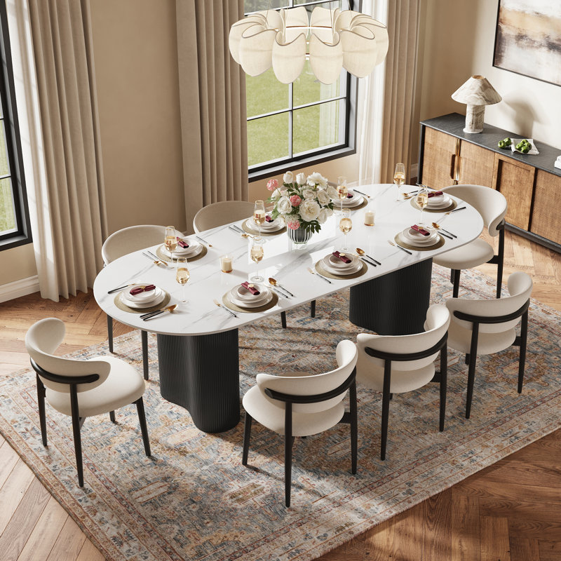 Table de salle à manger ovale moderne 71 "pour 6 personnes Jamani, plateau en pierre frittée blanc brillant, pieds en bois massif