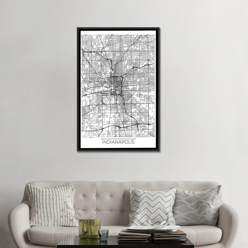 « indianapolis minimal urban blueprint map », impression sur toile, H 48 po x l 32 po x P 1,5 po, Toile avec cadre noir