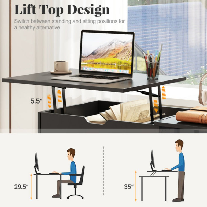 Space Saving Computer Desk With Hidden Compartment And Open Storage Shelves
