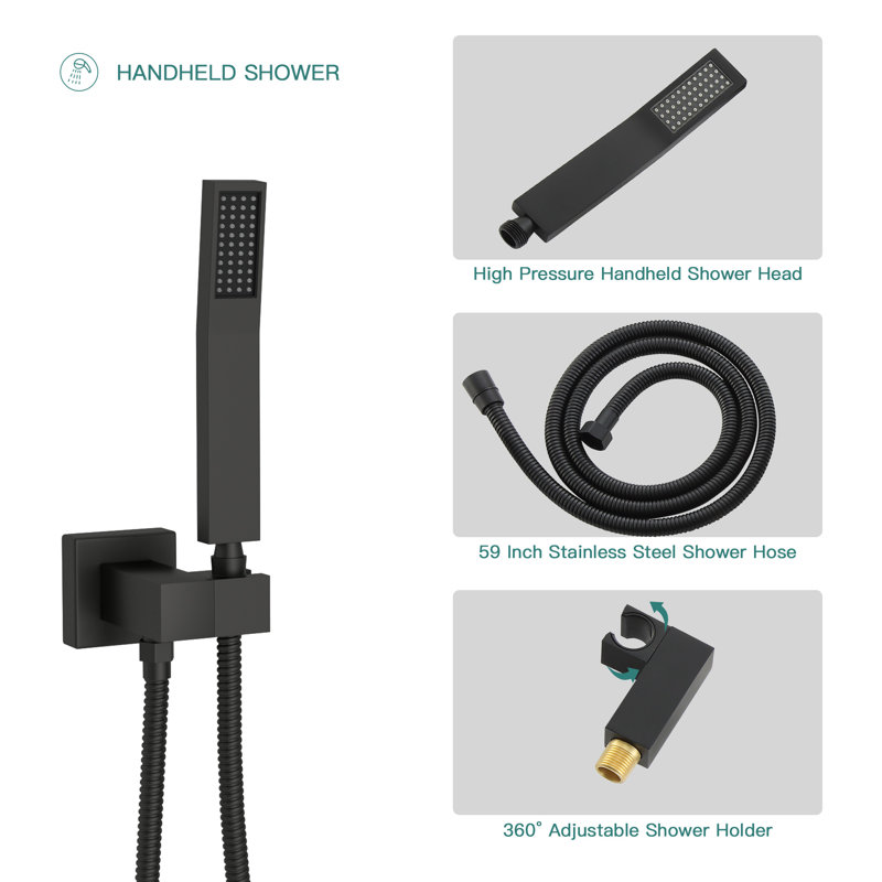 Pomme de douche à fixation au plafond 12 po avec douchette à main, douchette cascade et valve brute, Noir mat