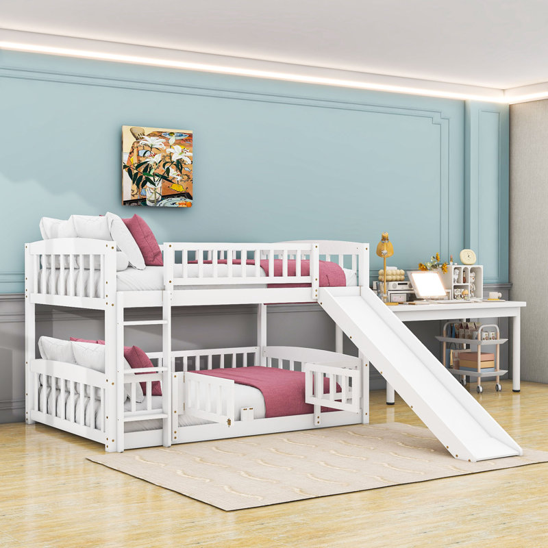 Lit superposé convertible avec glissade et structure robuste, échelle, Lit superposé double sur double, Blanc