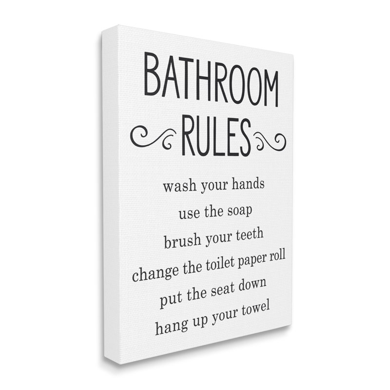 «Minimal Bathroom Rules» signe une bonne hygiène familiale - art textuel, H 20 po x l 16 po, Toile tendue