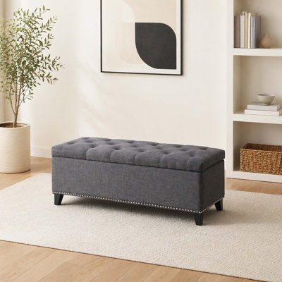 47.5 Inch Button Tufted Linen Storage Ottoman Bench, Plywood Frame Storage Chest with Safety Soft Close Hinge & Nailhead Trim