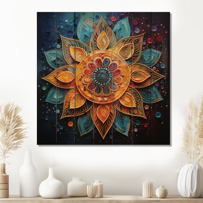 Mandala yoga sarcelle doré pointillisme sur bois