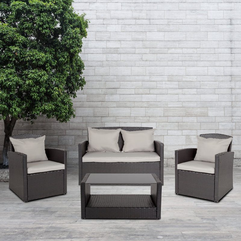 Accomac 4 Piece Patio Set with Back Pillows and Seat Cushions, Light Gray, Black