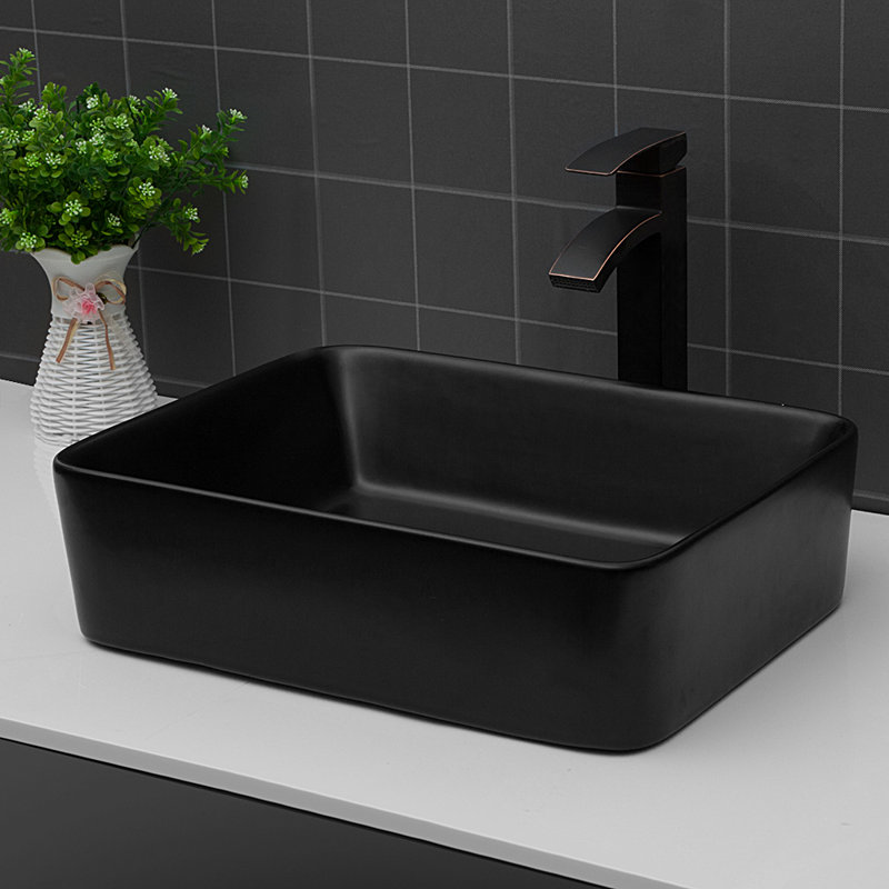19"X15" Black Ceramic Rectangular Vessel Bathroom Sink
