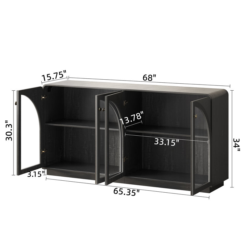 Buffet 68 po avec 4 portes en verre arquées, pour la cuisine, la salle à manger, le bar à café avec lumière DEL, noir, Noir