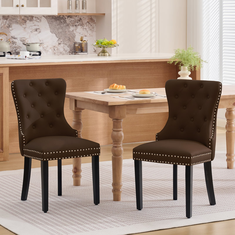 Chaises de salle à manger modernes en cuir capitonné avec pieds en bois massif (ensemble de 2), Kaki