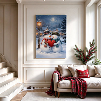 Snowman Couple Holding a Heart, Canvas Wall Art, 24 x 36 Inch