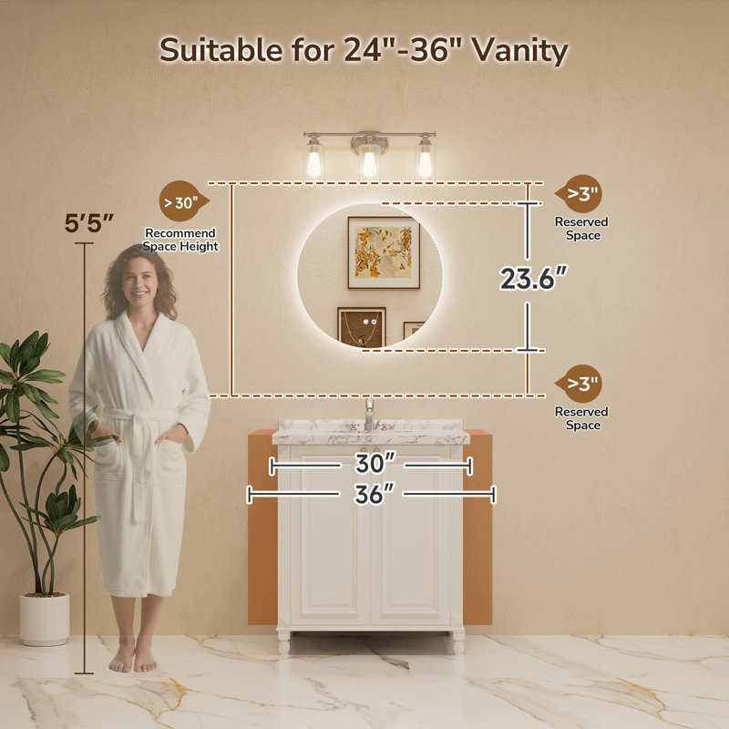 Adorna Round Frameless Backlit LED Bathroom Vanity Mirror, 24'' x 24''