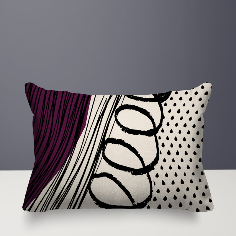 Oreiller rectangulaire réversible intérieur / extérieur Toba, H 14 po x l 20 po, Mauve / noir / blanc cassé
