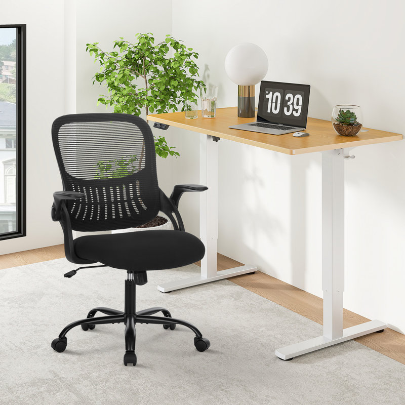 Ensemble de bureau: bureau électrique debout et chaise de bureau en filet, Chêne