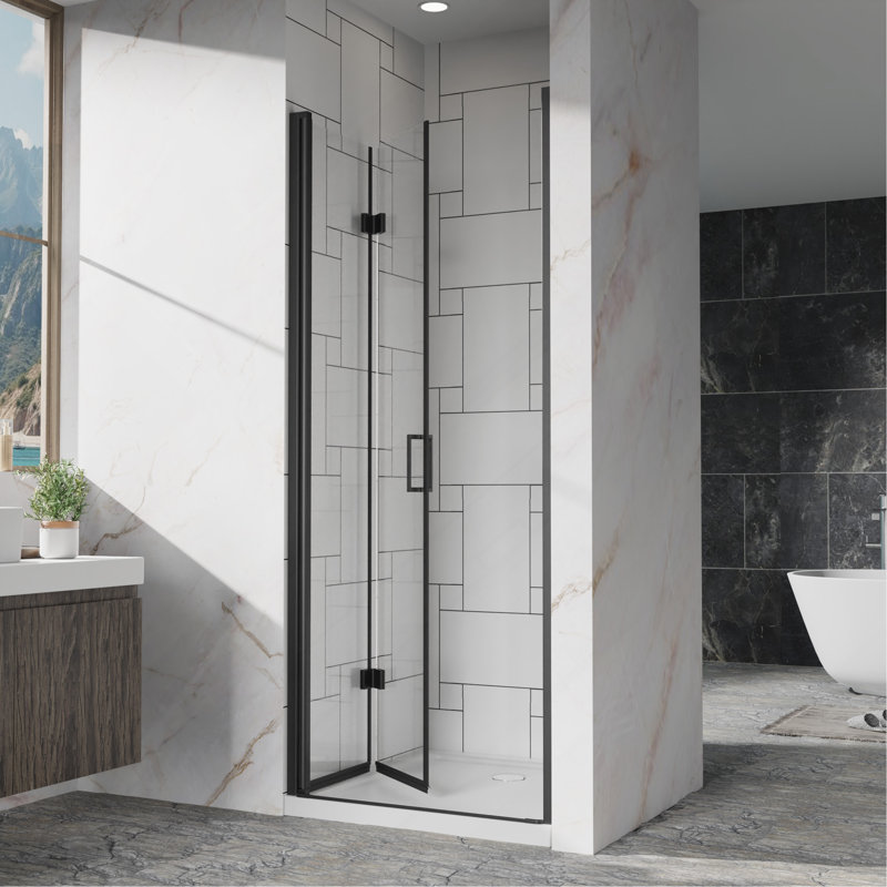 32"x 72" Pivot Bifold Frameless Glass Shower Door 1/4 inch (6mm) Tempered Clear Glass Swing Shower Panel in Black Finish, Reversible Installation