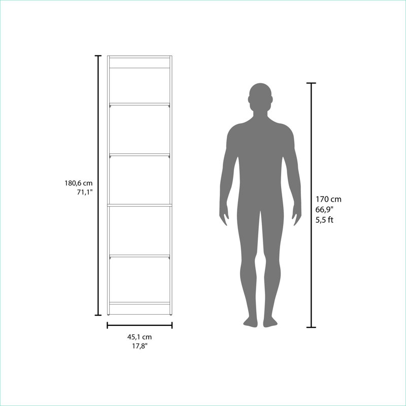 Bibliothèque ouverte à cinq tablettes en panneau de particules, rangement vertical compact et compact pour les petits espaces, finition teintée brun convenant à plusieurs pièces résidentielles