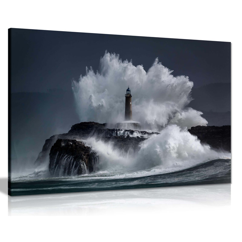 Old Lighthouse And Sea Wave Splash At Night - Wrapped Canvas Print, 41cm H x 61cm W x 1.8cm D