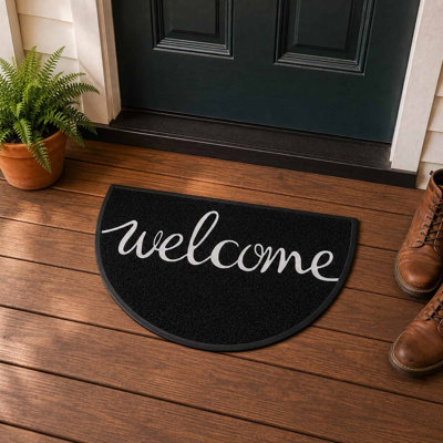 Welcome Doormat Half Round 30x18 in Black Non Slip PVC Front Door Mat Indoor Outdoor Heavy Duty Entryway Scrape Mat