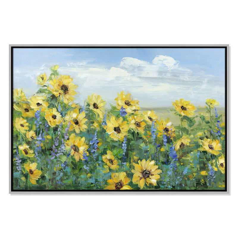 «Sunflower Fields Forever», impression sur toile par Sally Swatland, Encadrement argenté, H 25,5 po x l 37,5 po x P 2 po
