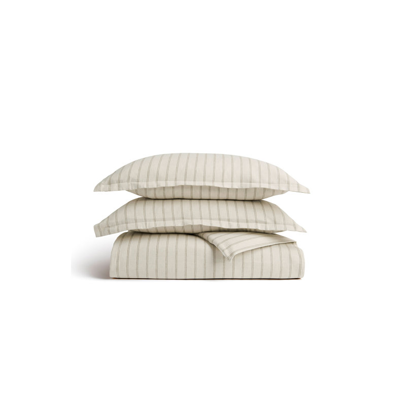 Flannel Stripe Duvet Cover Set, Oat, Queen Duvet Cover + 2 Standard Pillowcases