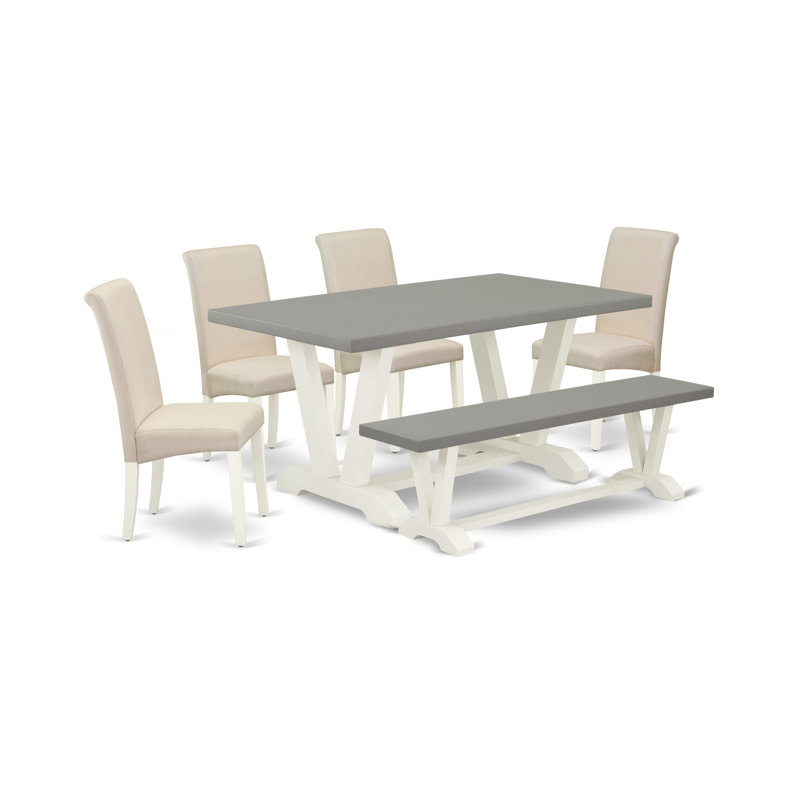 Ensemble de table 6 pièces Mid Century comprenant une table de salle à manger en ciment, un banc en bois et 4 chaises de cuisine en lin crème avec dossier haut - Lin brossé blanc