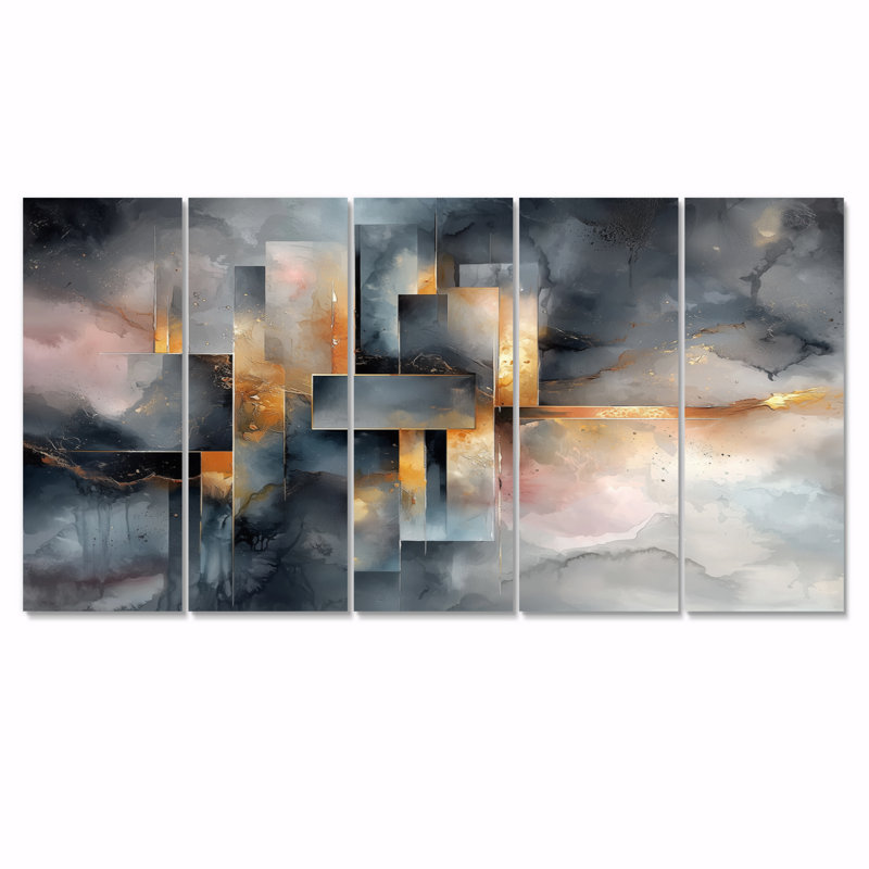 «Geometric Ink Pulse I - Constructivism Wall Art», ensemble de décorations murales modernes, H 28 po x l 60 po, 5