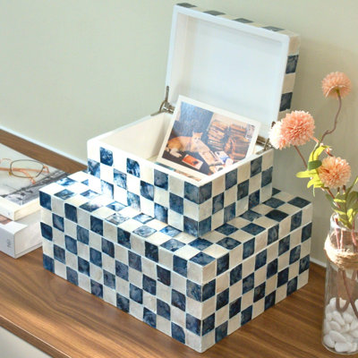 12", 8" Capiz Decorative Boxes With Lids, Capiz Shells Checkered Decorative Storage Boxes For Home Décor, Memory Box Keepsake Box For Photos, Letters, Accessories, Set Of 2 (Navy Blue)