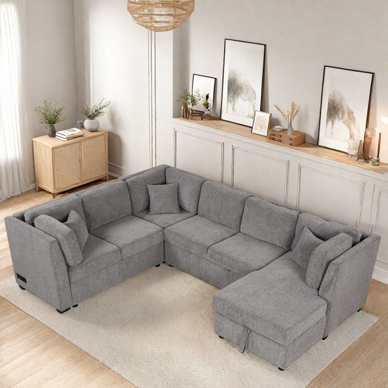 Canapé Ajwan avec deux ports USB, deux prises de courant, trois coussins de dossier et une chaise de rangement, Gris chenille