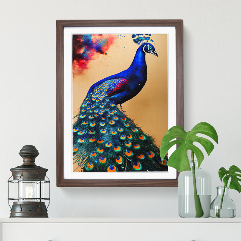 Vivid Peacock - Single Picture Frame Painting, 64cm H x 46cm W x 2cm D, Walnut Framed