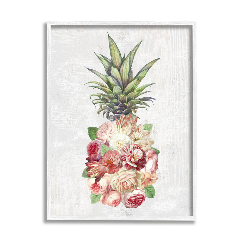 Abstrait floral avec ananas et fleurs roses surdimensionnées, art numérique sur toile Giclee par Ziwei Li, H 14 po x l 11 po