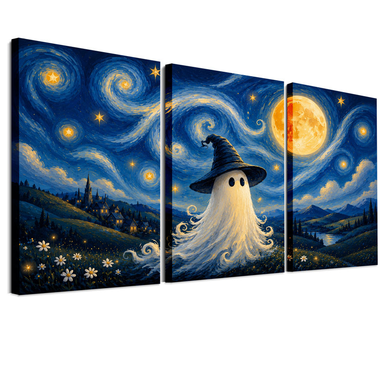 "White Ghost Witch Hat Under Full Moon" Halloween, ensemble de 3 toiles murales, H 30 po x l 20 po x 3 pièces