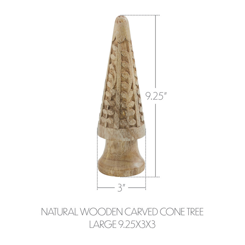 Cône en bois naturel sculpté grand, H 9,25 po x l 3 po x P 3 po