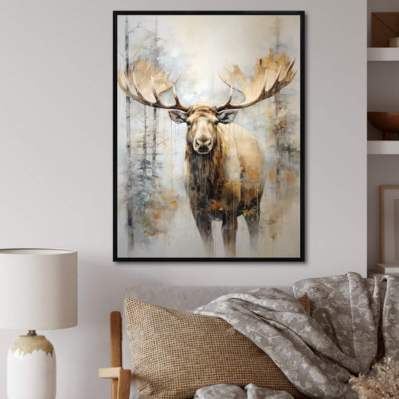 Portrait d'orignal beige et doré I, Cadre flottant noir, 32" H x 24" W