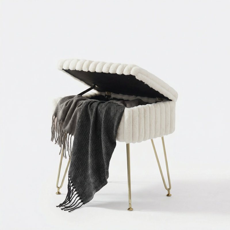 Faux fur-covered vanity stool, footstool, and shoe-changing stool with storage functionality and metal leg design, White