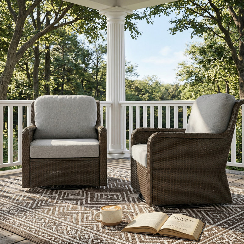 Outdoor Swivel Wicker Lounge Chair with Thicked Gray Cushions and Iron Frame