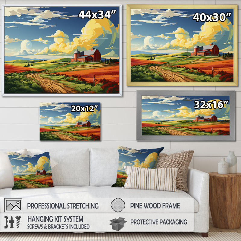 Minimaliste Indiana Barns Countryside II - Barns, art mural, H 34 po x l 44 po x P 1,5 po, Toile tendue