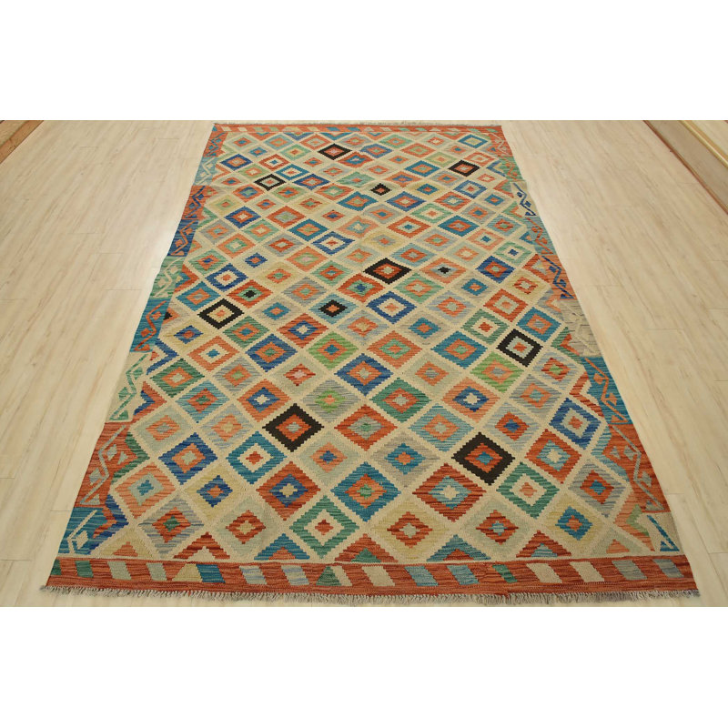 Tapis unique vert / bleu / orange de 6 pi 9 po x 9 pi 10 po
