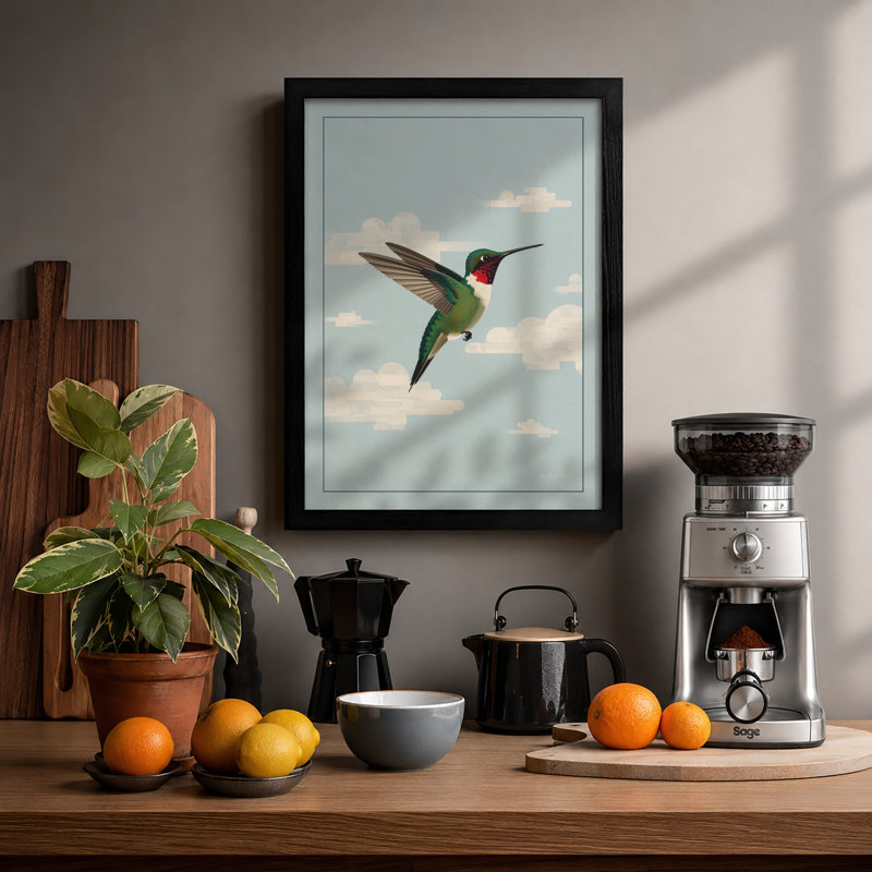 Hummingbird in Flight Modern - Framed Print, Black, A4 - 29.7 x 21.0 cm