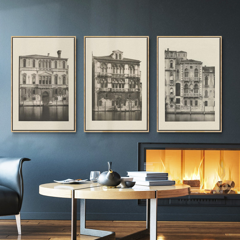 "Vintage Views of Venice I", ensemble de 3 pièces encadrées sur toile, Bois naturel, H 40 po x l 78 po