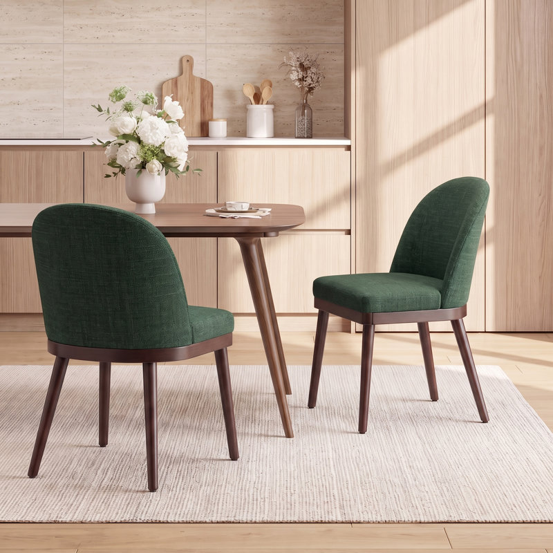 Modern Curved Back Upholstered Side Dining Chair with Solid Wood Legs, Green Woven