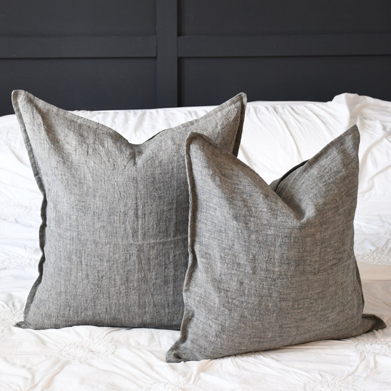 India Chic Buttons Linen Pillow Cover, Gray, 20" x 20"