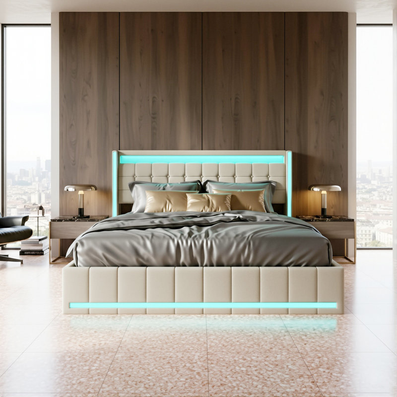 Storage Bed With 4 Drawers, USB Ports & LED Lights, Linen Upholstered Wingback Bed Frame, Grey & Beige, Beige
