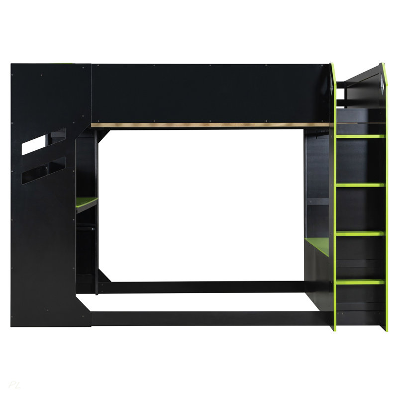 Lit mezzanine en bois avec bureau réglable en hauteur, tiroirs, compartiments de rangement, tringle et lumières RVB, Green