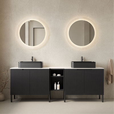 Meuble-lavabo double autoportant 72 po avec lavabos 72 po, 2 armoires de rangement rayées 30 po + tablette ouverte amovible 12 po, 2 vasques rectangulaires rayées noires avec comptoir blanc Carrara