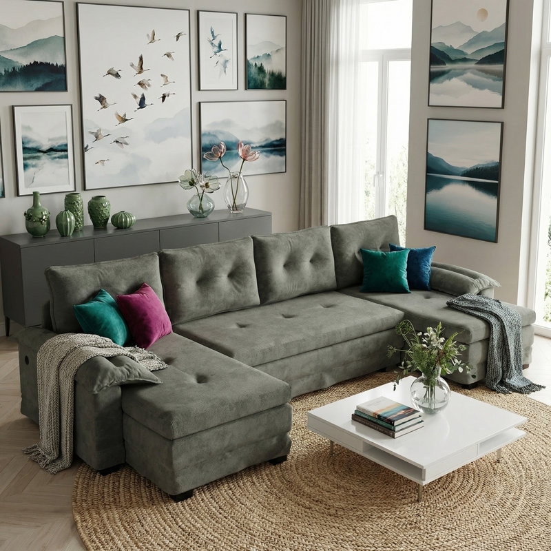 Boneless 109.5" U-Shaped Sleeper Sofa Bed with Pull Out Bed, Modular Sectional with Chaise, USB Ports & Removable Armrests for Living Room