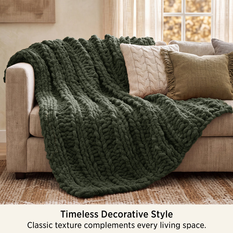 Hand-Knit Chenille Chunky Throw Blanket, Deep Green