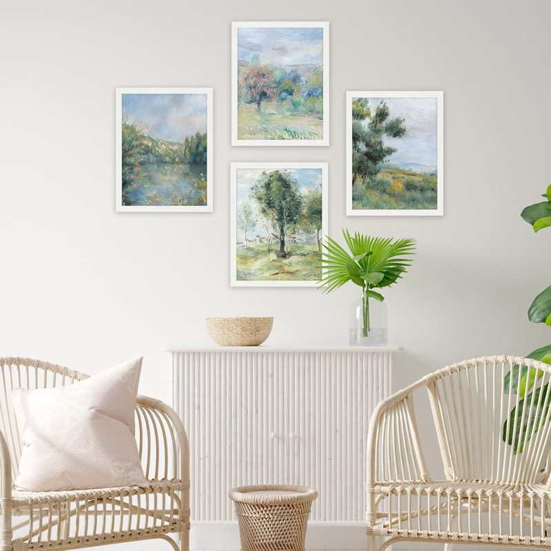 Rustique, pastel, printemps, campagne, campagne, classique, rétro, illustrations, chambre à coucher, décor encadré sur papier, impression de 4 pièces