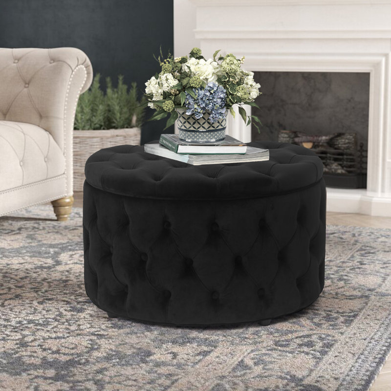 Amram Tufted Round Storage Ottoman, Black Velvet