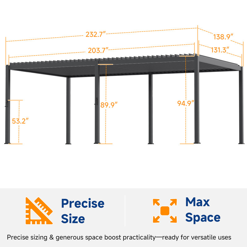 All-Weather Louvered Pergola, Outdoor Pergola with Adjustable Roof, Waterproof Metal Gazebo for Outdoors, Deck, Porch, Gray