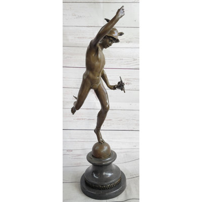 Bronze Flying Mercury w/ Caduceus Statue Sculpture Nude Figure on Marble Base