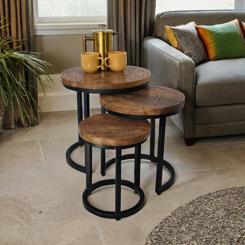 Acacia Wood Round Set Hand Carved 3 Piece Nest of Tables 
