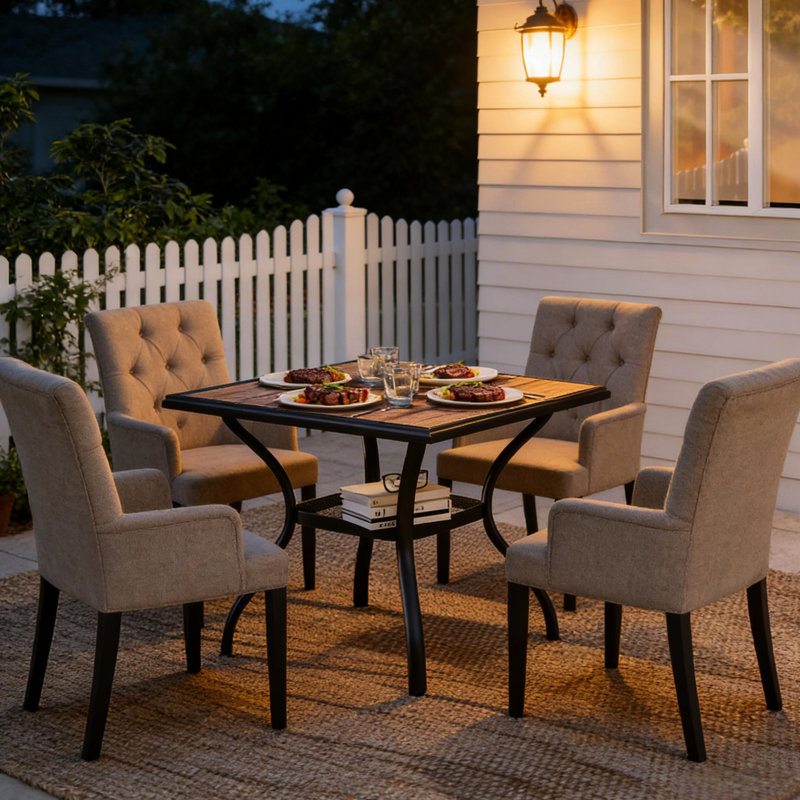 Table de salle à manger d'extérieur carrée, 37 po x 37 po, rangement intégré, faux bois, structure stable, table facile à installer pour les rassemblements décontractés, taille, prêt pour un parasol double couche